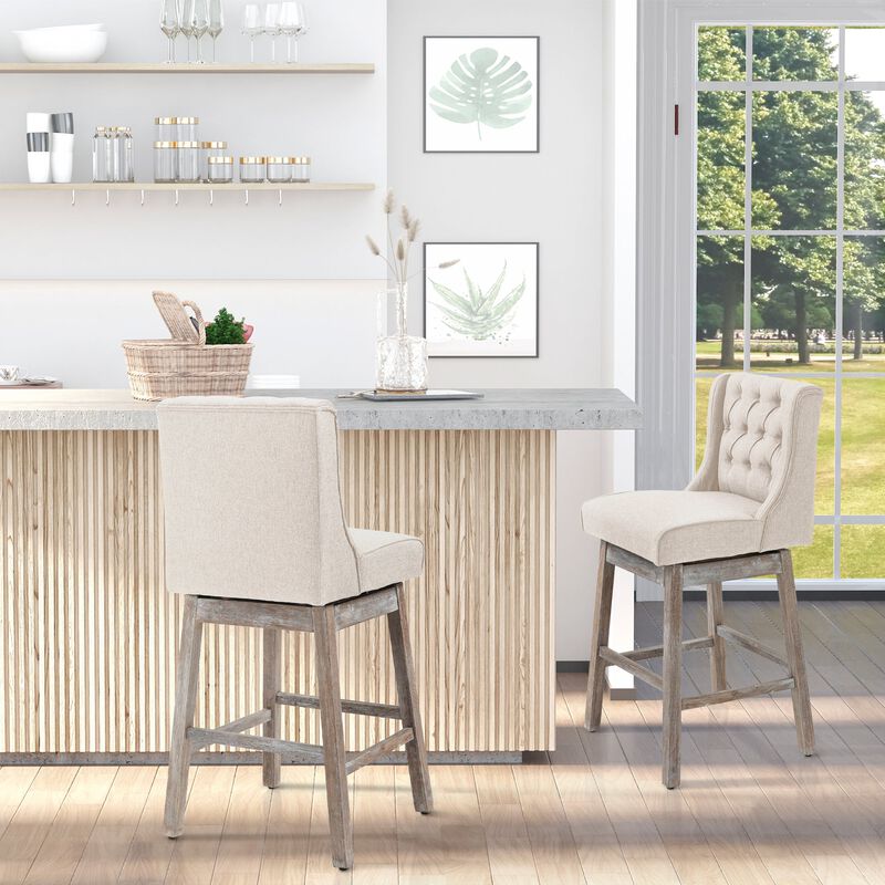 Beige Bar Duo: 2 Swivel Stools with Footrest, 180&deg; Rotation
