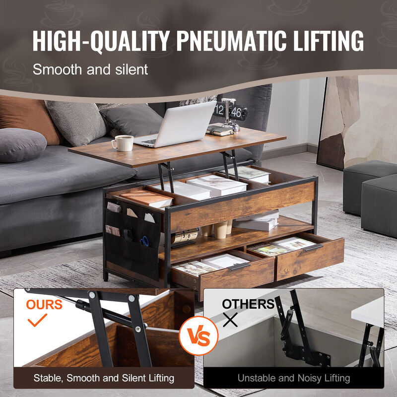 Coffee Table with Charging Station & USB & LED Light for Living Room