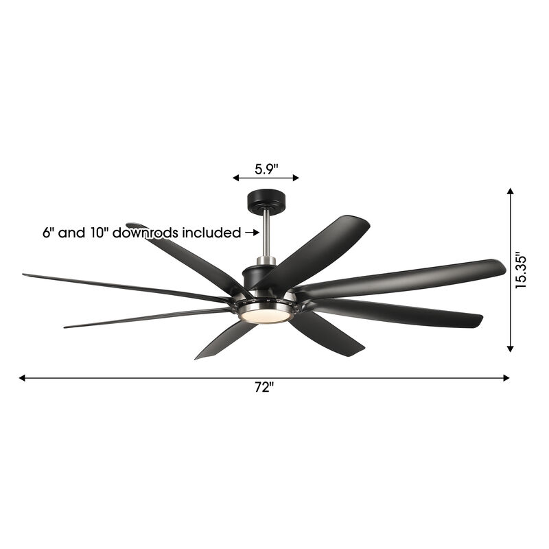 72" Modern Farmhouse Black Reversible Dimmable 8 Blades Ceiling Fan with Light and Remote image number 5