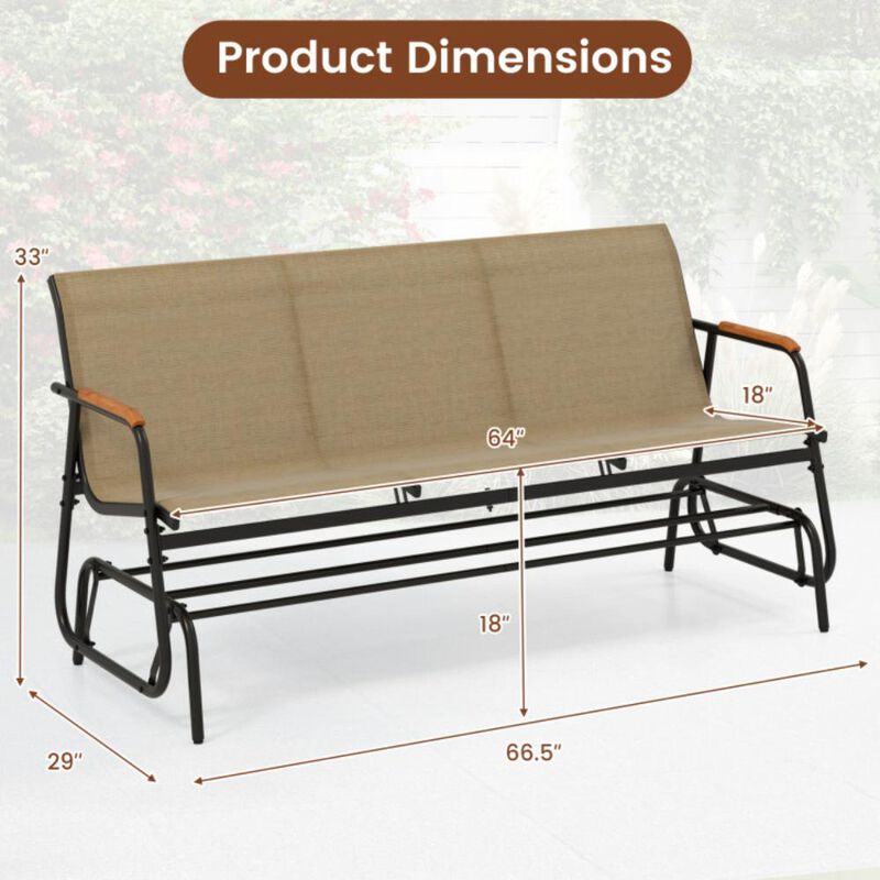 Hivvago Patio Glider Bench with Curved Teak Armrests and Breathable Fabric Seat for 3 People
