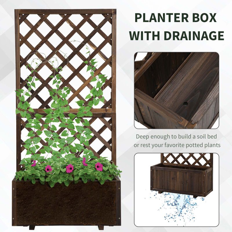 Outsunny Wooden Planter with Trellis, 59" Outdoor Raised Garden Bed with Drainage Holes, Planter Box for Climbing Vine Plants Flowers, Brown