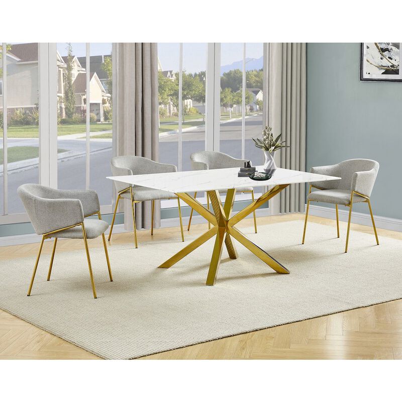Best Quality Furniture 5Pc Rectangle Marble Wrap Tempered Glass Dining Table 4 Linen Gray Side Chairs