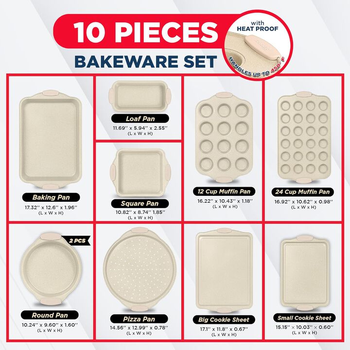 BAKKEN Kitchen Baking Pan Set - Nonstick Coating, Carbon Steel Bakeware Sets with Silicone Handles, Baking Kitchen Essentials, PFOA, PFOS, PTFE Free, Oven Safe Tray (Up To 450° F), Set of 10