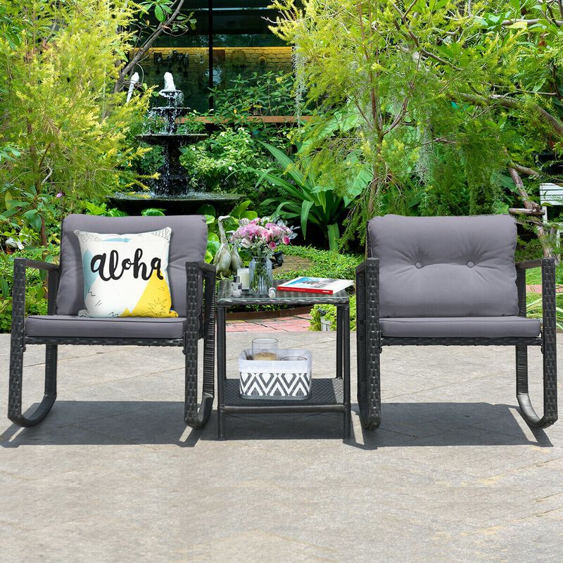 3 Pieces Cushioned Patio Rattan Set with Rocking Chair and Table