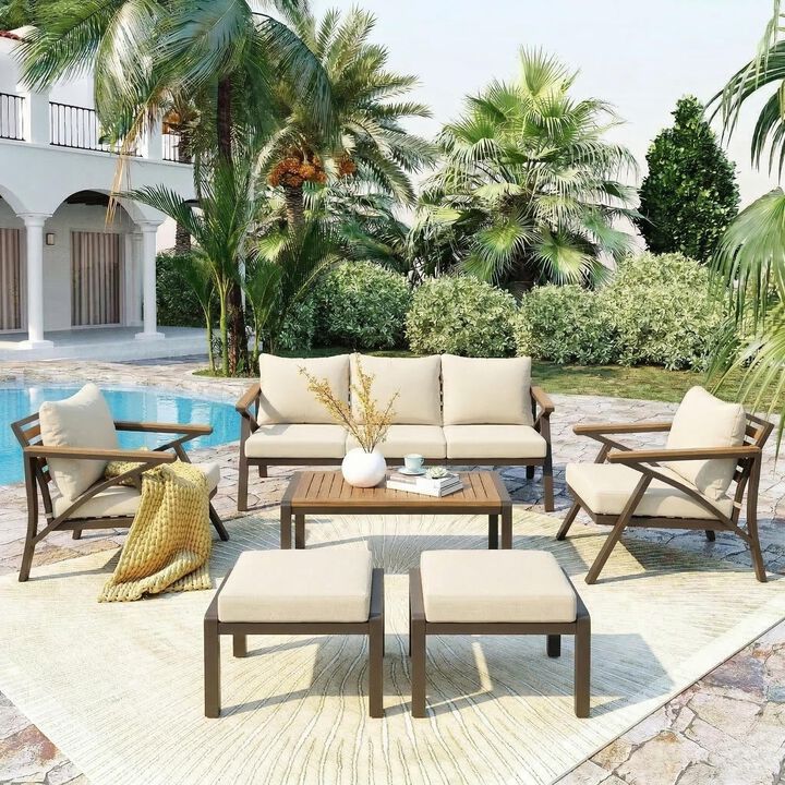 Merax 6-Piece Patio Conversation Set with Acacia Wood, Steel Frame & Removable Cushions