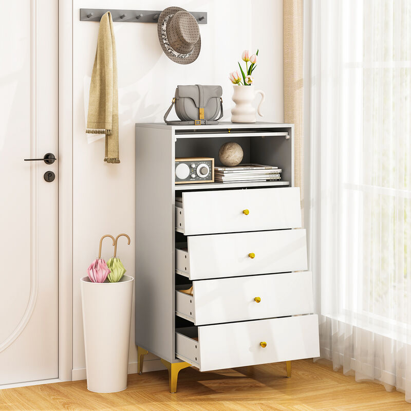 4-Drawer Modern Side Cabinet with Flip-Up Fluted Glass Front