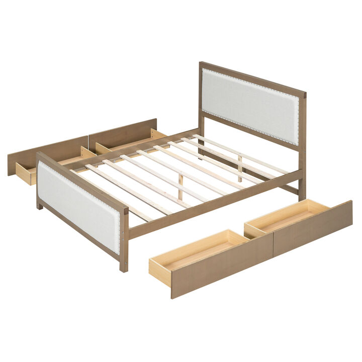 Queen Size Upholstered Platform Bed with Wood Frame and 4 Drawers, Natural Wooden+Beige Fabric