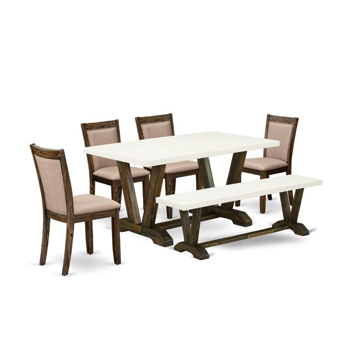 East West Furniture V726MZ716-6 6Pc Dining Set - Rectangular Table , 4 Parson Chairs and a Bench - Multi-Color Color