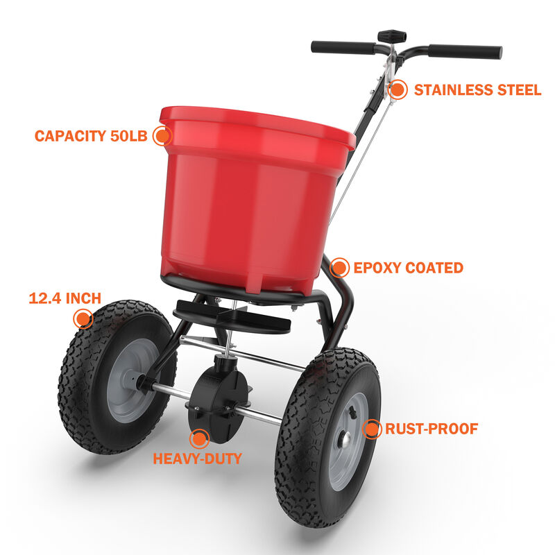 FUFU&GAGA 50lb Walk-Behind Spreader &ndash; Durable Red Frame, Adjustable Feed Control, Rubber Pneumatic Tires, (21.6" L x 12.4" W x 32.7" H), Red image number 8