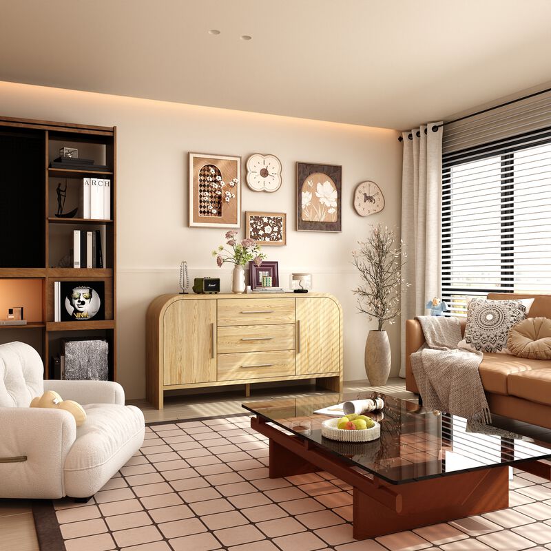 FUFU&GAGA Modern Wooden Storage Cabinet – P2 MDF Construction with Natural Wood Finish, (59.1" W x 15.7" D x 31.5" H), Brown