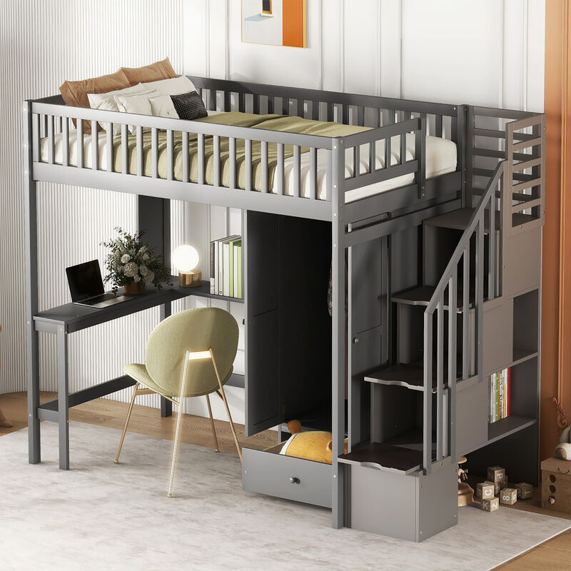 Twin size Loft Bed with Bookshelf, Drawers, Desk, and Wardrobe Gray