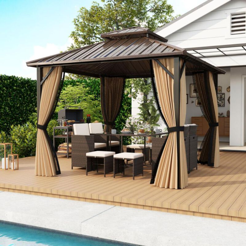 Hivvago Hardtop Gazebo with Netting and Curtain and Double-Roof Galvanized Metal Top image number 2