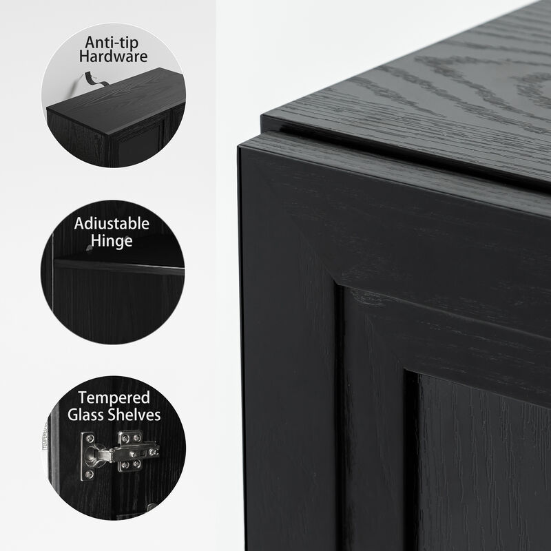 Wood Accent Cabinet in Black, Storage Organizer with Adjustable Shelves and Glass Doors