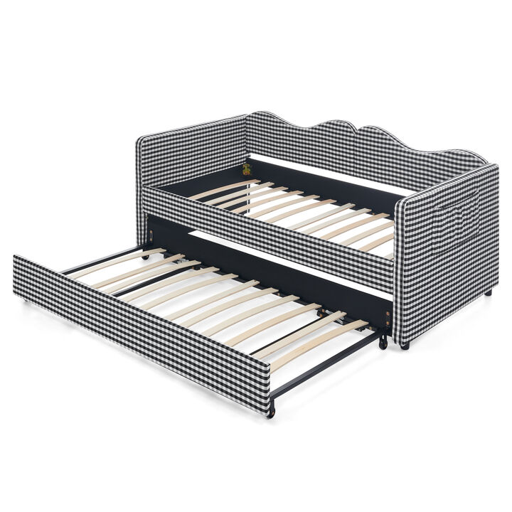 Merax Gingham Daybed with Trundle & Guardrails &ndash; Solid Wood Frame, Side Storage Pocket