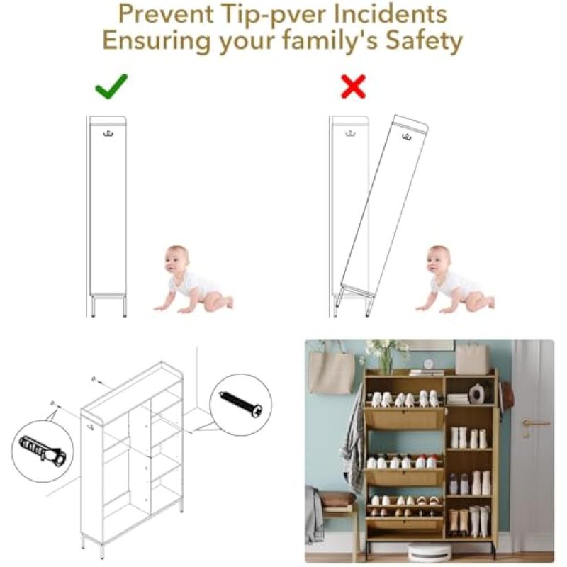 Slim Entryway Shoe Storage Cabinet 4 Tier Flip Drawer Adjustable Shelves image number 3