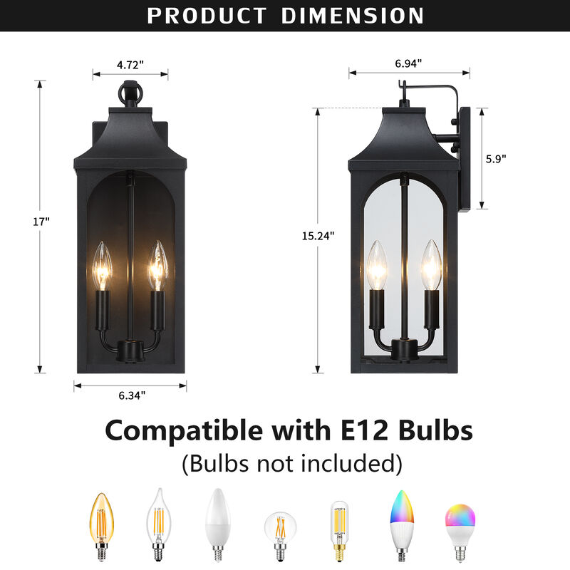 17 in. 2-Light Black Outdoor Wall Lantern with Clear Glass Shade image number 2
