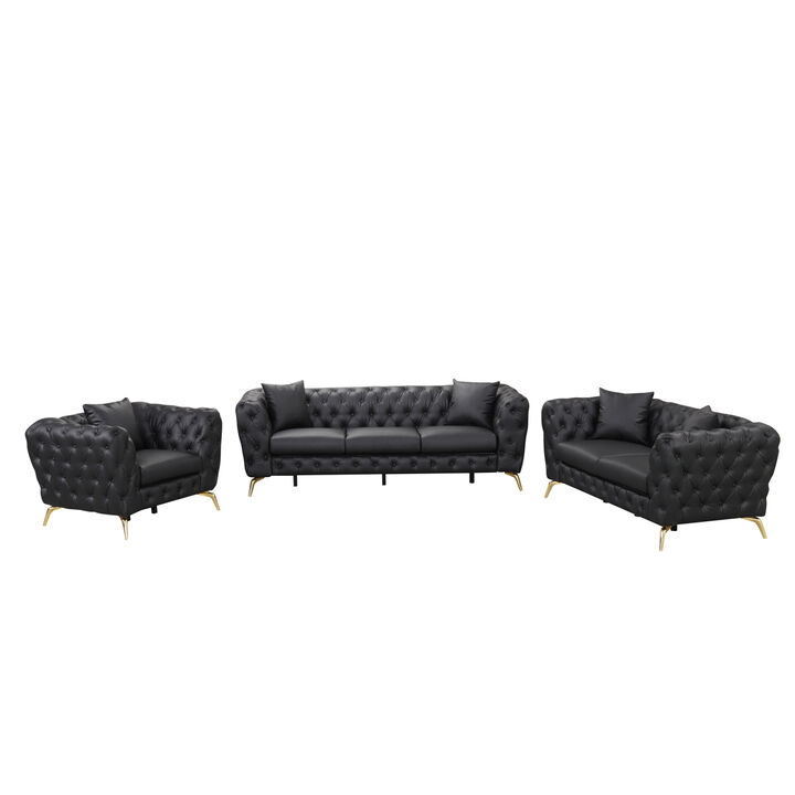 Modern 3-Piece Sofa Sets with Sturdy Metal Legs, Button Tufted Back, PU Upholstered Couches Sets Including Three Seat Sofa, Loveseat and Single Chair for Living Room Furniture Set, Black