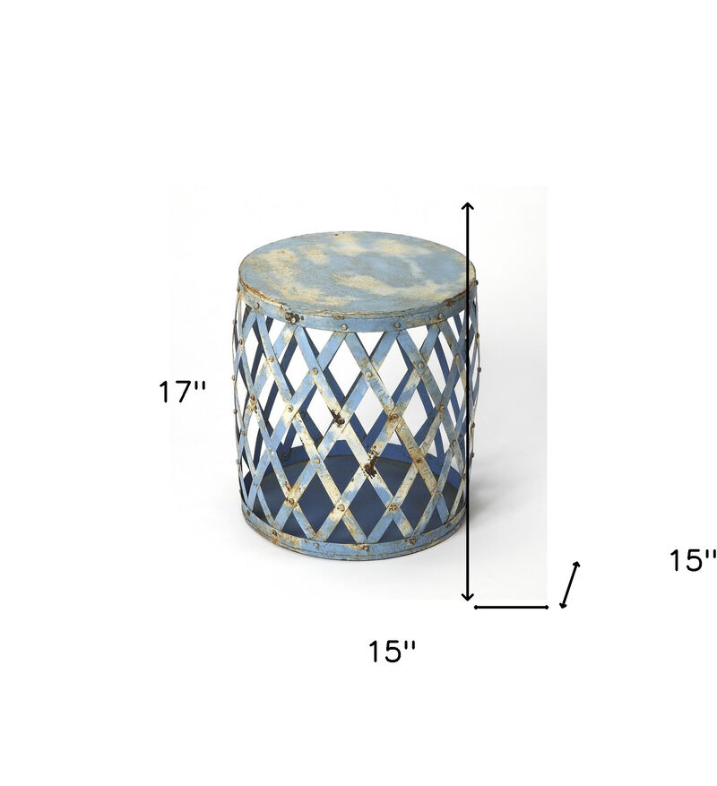 Hivvago 17 Inch Rustic Blue Iron Lattice Round Top End Table