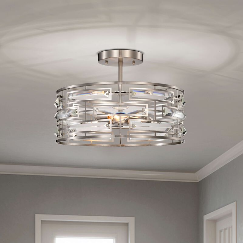 Ariel 17.2" Satin Nickel 3-Light Drum Shade Clear Glass Prism Flush Mount image number 1