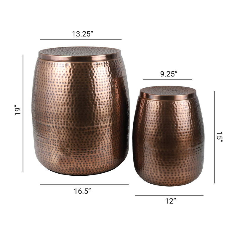 Merida Modern Rustic Hammered Metal Drum Storage Side Table with Lid