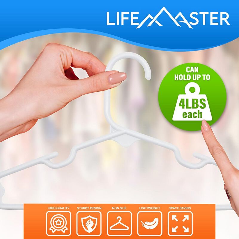 Lifemaster Plastic Kids Clothes Hanger &ndash; Children Clothes Hanger with Shoulder Notch, 11.6 Inch Space-Saving Closet Organizer for Baby, Toddler, and Kids Clothing, Hold Up to 4 lbs, Pack of 50, White