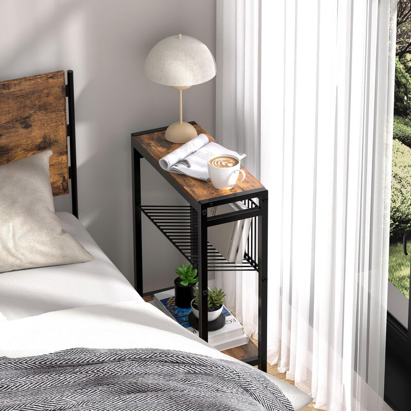 Small Side Table Set of 2 for Small Space, 3-Tier Narrow End Table with Magazine Holder, Slim Nightstand, Skinny Snack Couch Tab