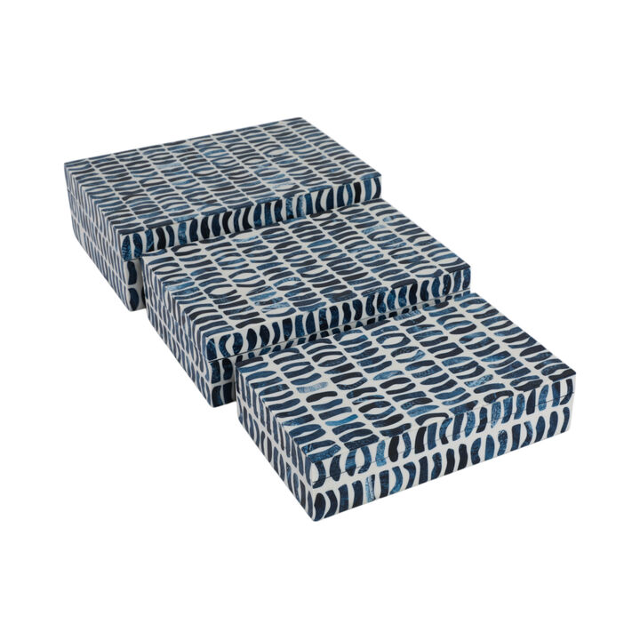 S/3 10/11/12" Boxes With Inlay Pieces, Blue/white