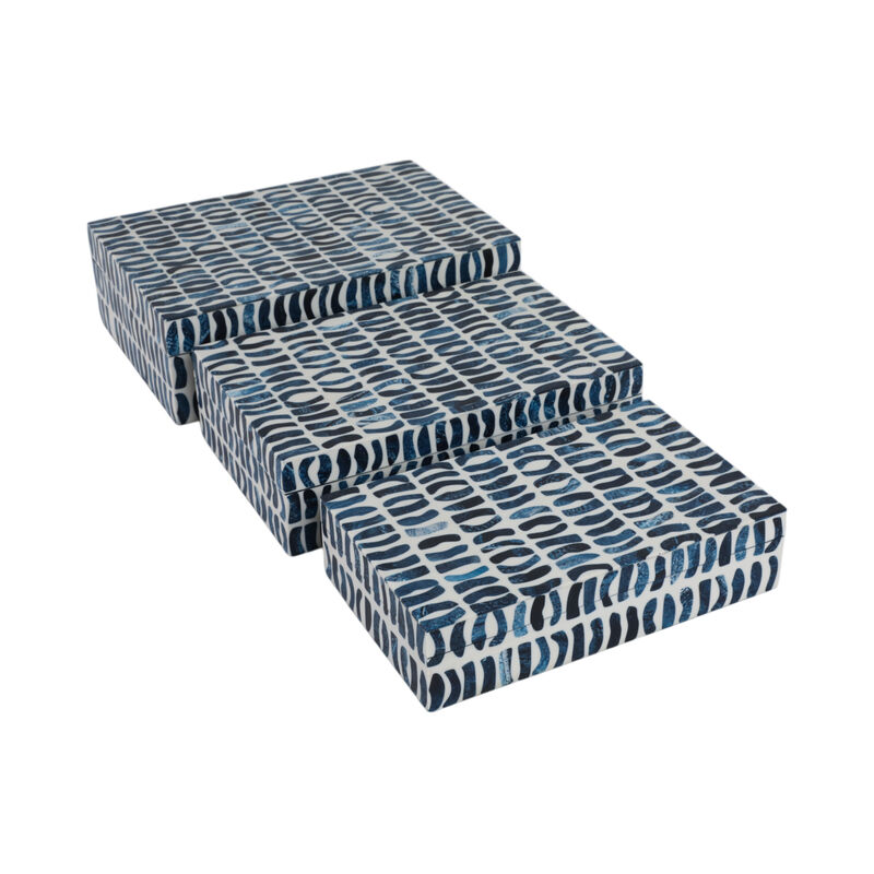 S/3 10/11/12" Boxes With Inlay Pieces, Blue/white image number 1