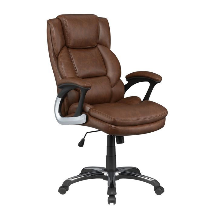 Leatherette Office Chair with Cushioned Back and Metal Star Base, Brown-Benzara