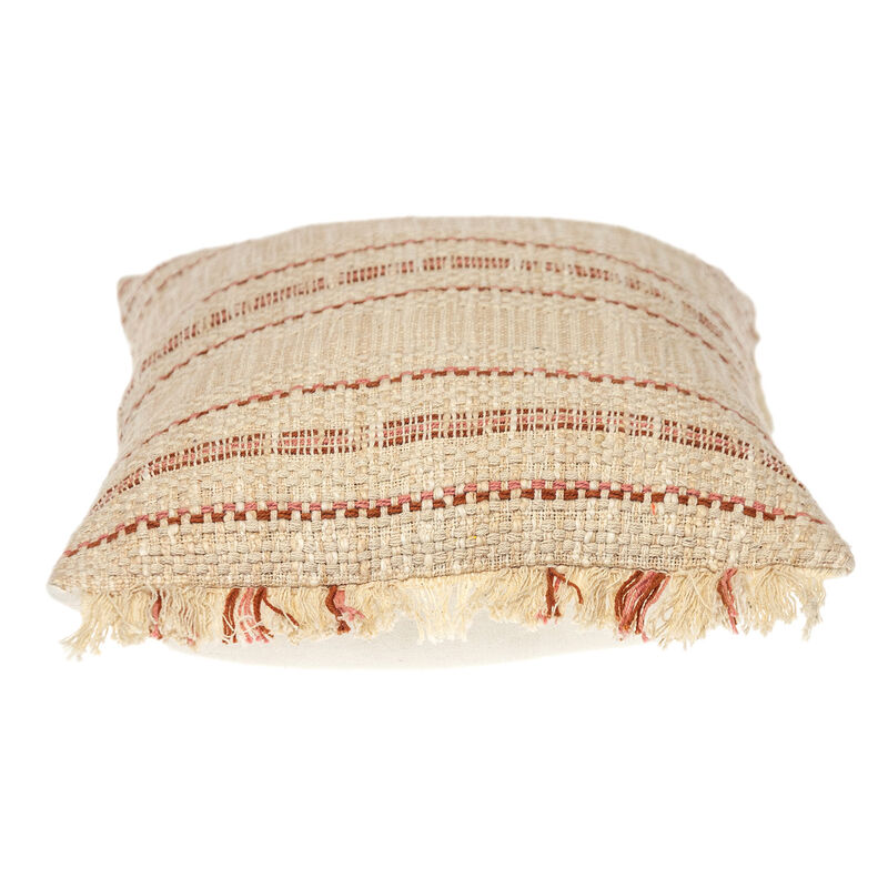 HomeRoots 14" X 20" Beige and Pink Striped Cotton Throw Pillow With Fringe image number 2