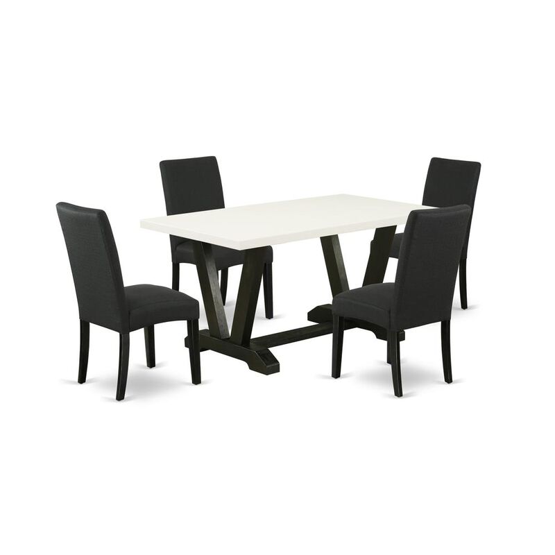 East West Furniture V626DR124-5 5-Pc Dining Table Set- 4 Upholstered Dining Chairs with Black Linen Fabric Seat and Stylish Chair Back - Rectangular Table Top & Wooden Legs - Linen White and Black Fin