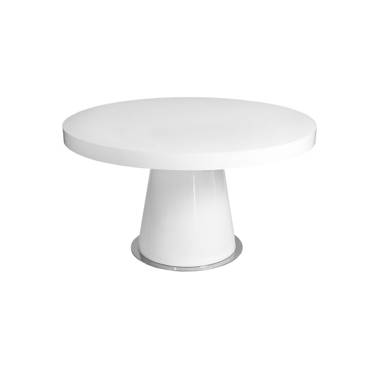 John Dining Table, 53 Inch Round Top, Modern Cone Base, White, Steel - Benzara