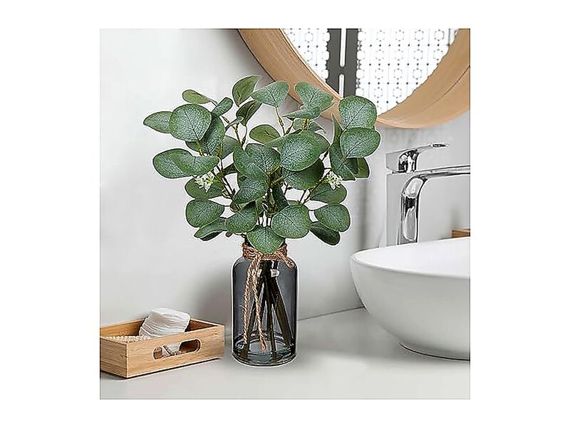 Artificial Eucalyptus Stems In Black Glass Vase Faux Water 14 Plants Leaves image number 2