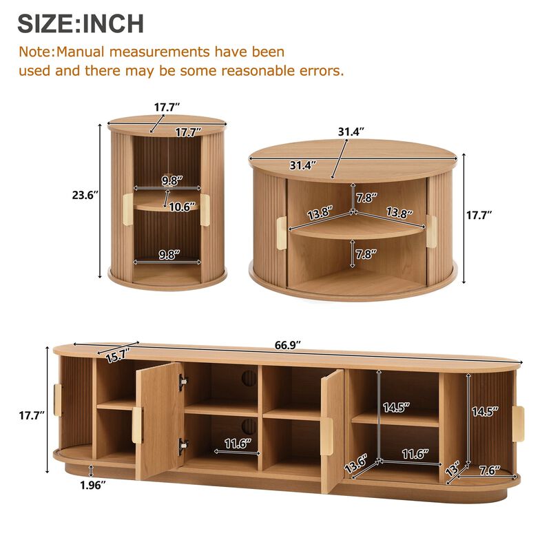 Clihome Wooden TV Stand Coffee Table Set with Fluted Sliding Door for Living Room image number 4