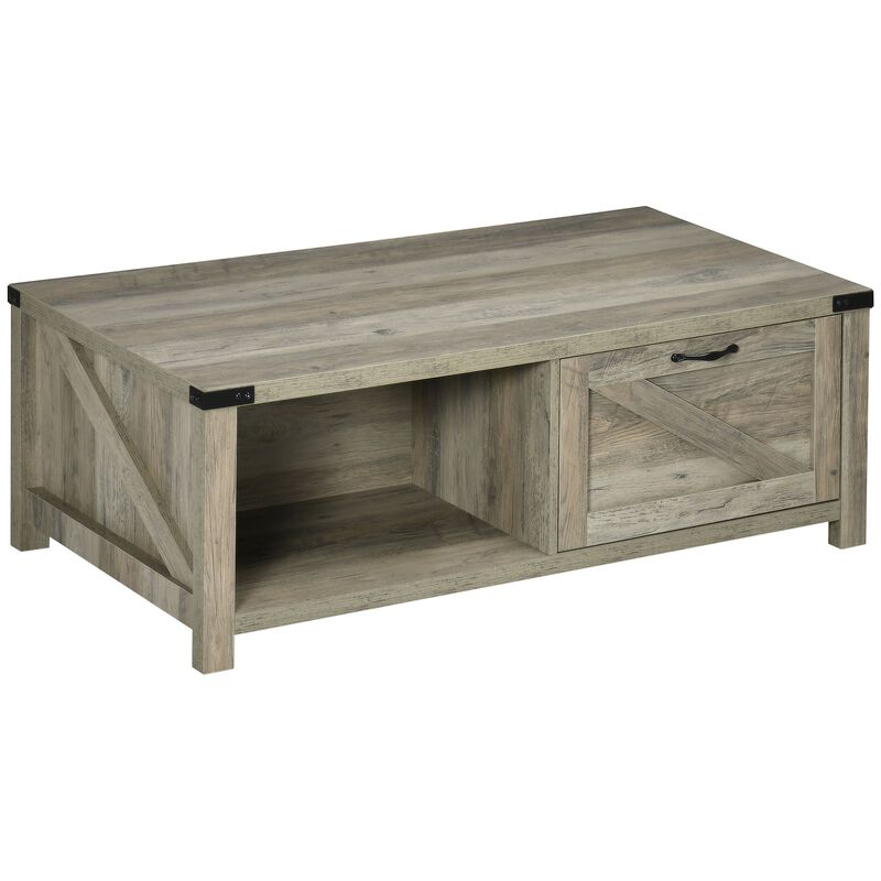 Gray Oak Living Room Table: Rustic Coffee Table with Drawer & Open Shelf