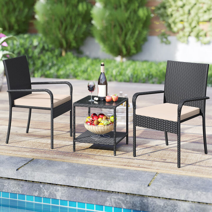 Outdoor 3 Piece Patio Furniture Set with Cushions and Tempered Glass Table