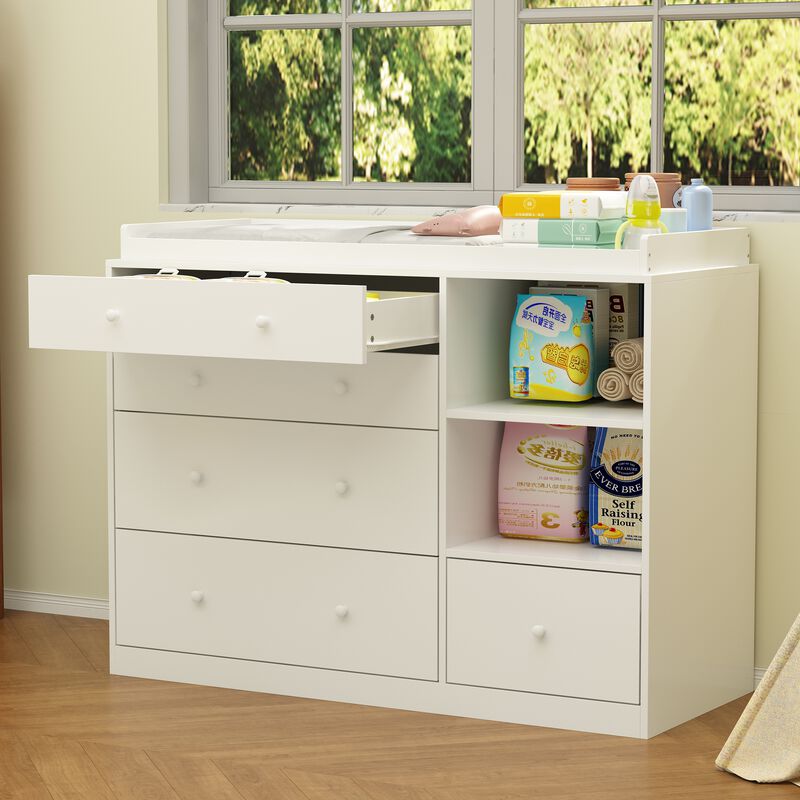 5-Drawers White Wood Chest of Drawers Dresser Vanity Table Storage Cabinet with Shelf 36.1 in. H x 47.2 W x 19.5 D