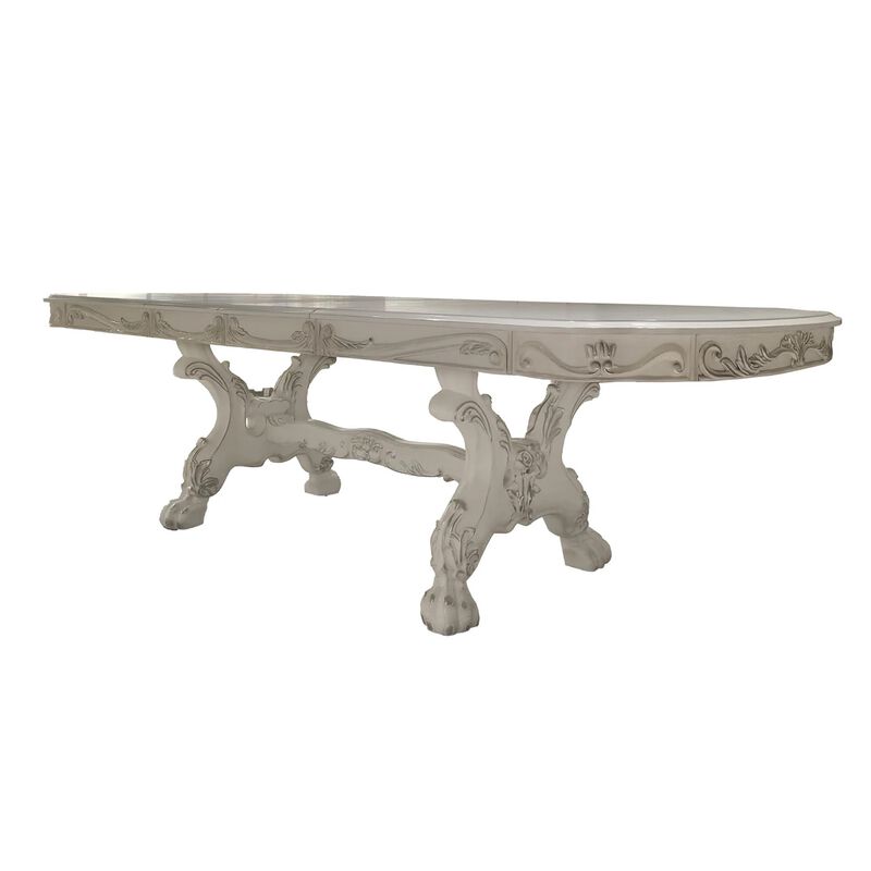 Ally Dining Table, Double Pedestal Base, Bone White Wood, 94-136 Inch - Benzara