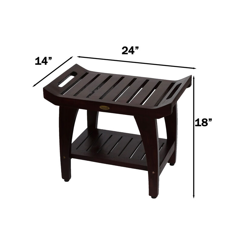 DecoTeak Tranquility 24" Teak Wood Shower Bench with Shelf and LiftAide Arms in Woodland Brown Finish