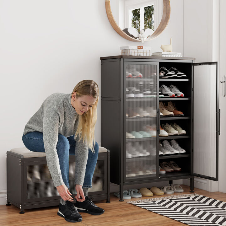 Sturdy Metal Shoe Rack and Shoe Bench, Adjustable Shelves, Heavy-Duty Storage Organizer for Entryway Black.