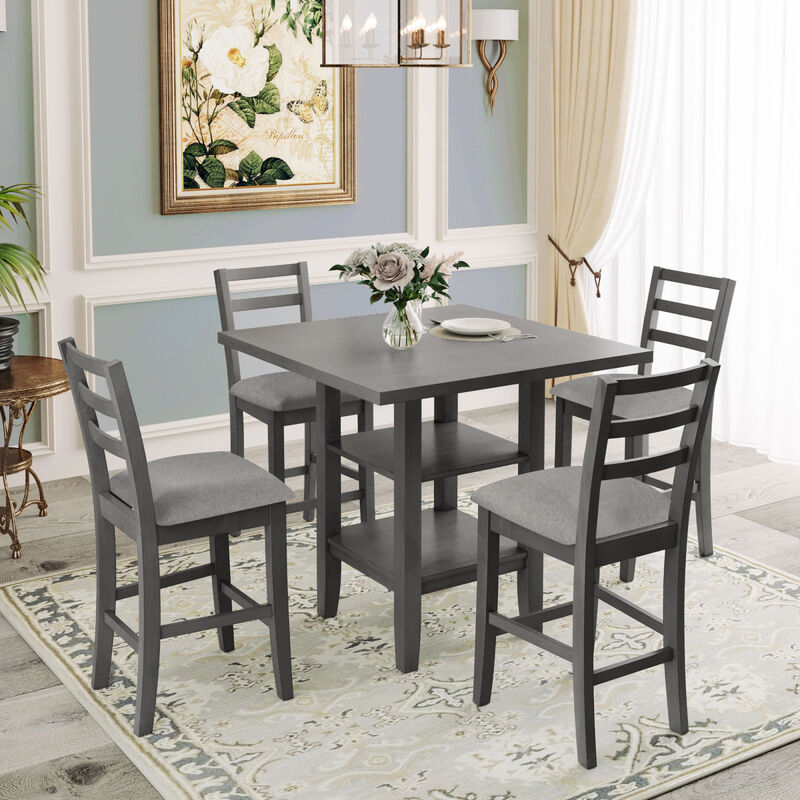 5-Piece Wooden Counter Height Dining Set with Padded Chairs and Storage Shelving