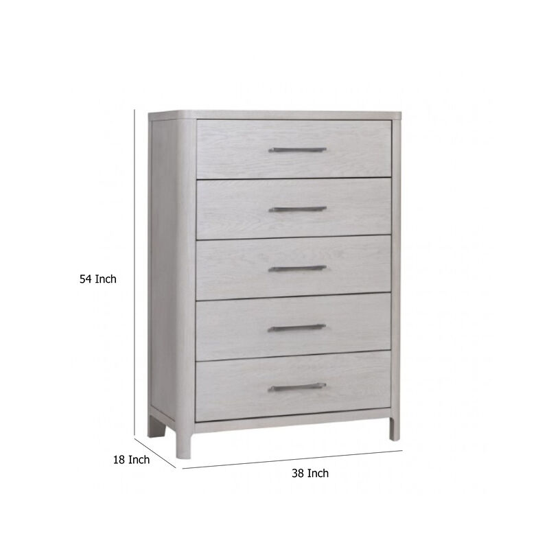Reham Tall Dresser Chest, 5 Drawers, Pewter Handles, White Wash Brown - Benzara