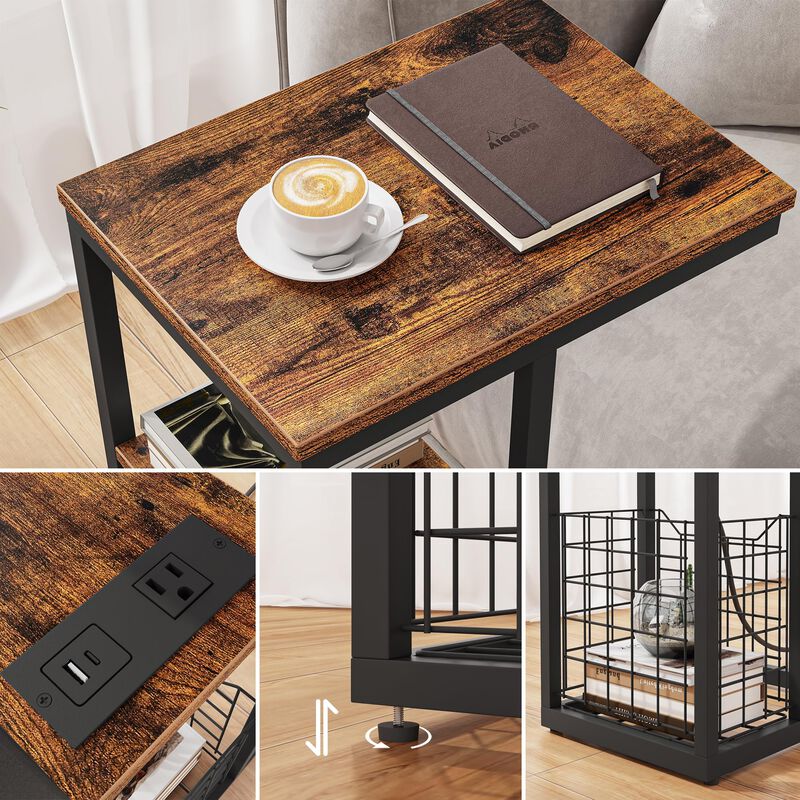 Vagusicc C Shaped End Table with Charging Station, Side Table for Couch, Small Side End Table for Small Spaces, 28"" High Slide