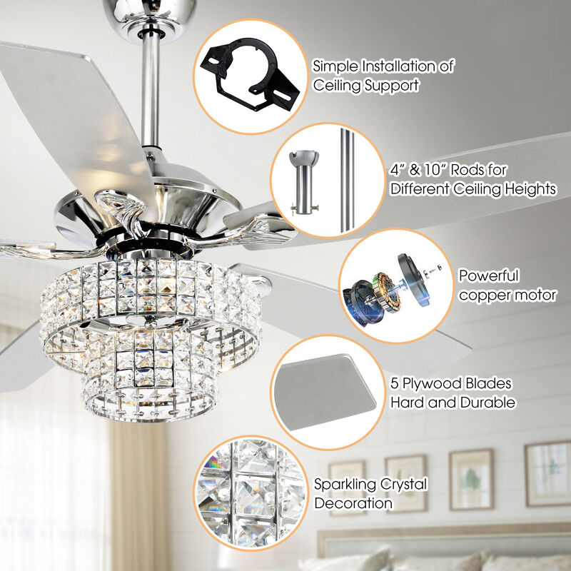 52 in. Chrome Crystal Chandelier Ceiling Fan with Light and Remote