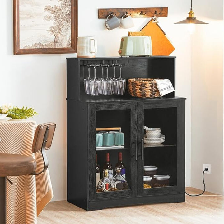 LED Wine Bar Cabinet with Glass Holder and Built-In Power Outlet