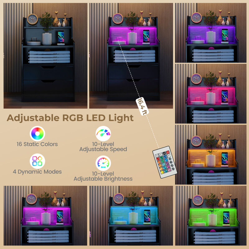 Nightstand End Table with LED Light and Charging Station for Bedroom and Living Room image number 5