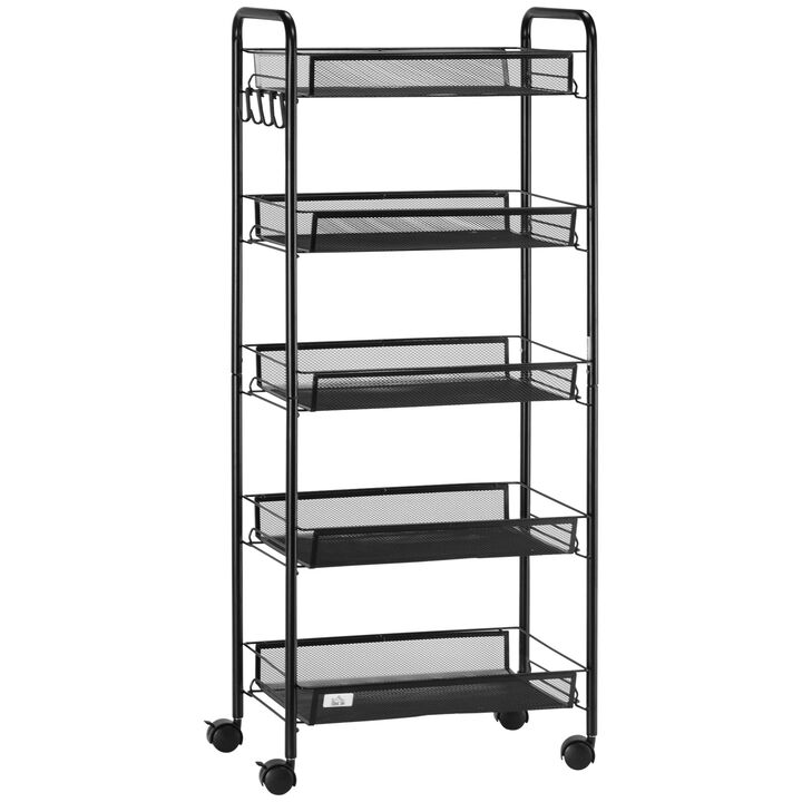 5 Tier Utility Rolling Cart, Metal Storage Cart, Kitchen Cart with Removable Mesh Baskets, for Living Room, Laundry, Garage and Bathroom, Black