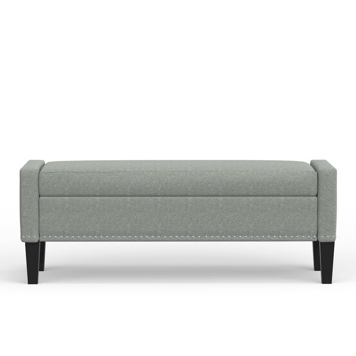 Rize Home 51.25 Storage Bench with Truncated Arms + Nailhead Trim - Stone (Light Gray)