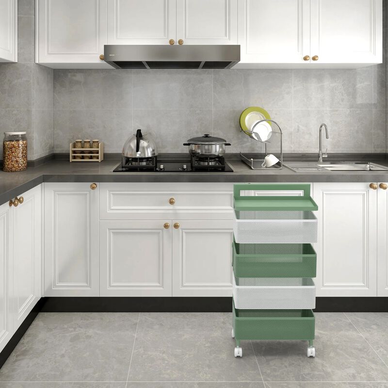 Mega Casa Rotating Kitchen Storage Rack with Handle, Fruit Vegetable Storage Shelf, Rolling Storage Cart, Multifunctional Household Shelf for Bedroom, Bathroom, Living Room(4-Tier Square)