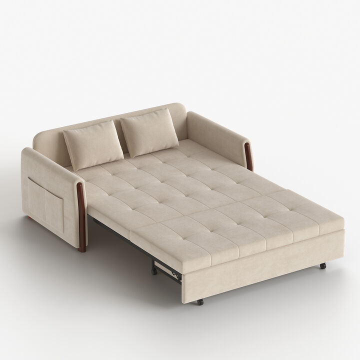 Linen Fabric Extendable Sofa Bed with Storage Space for Living Room 62.9", Beige